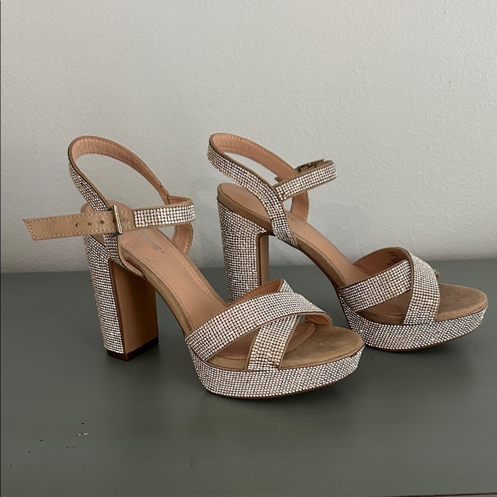 Maripe Crystal-Embellished Beige Platform Block Heels
